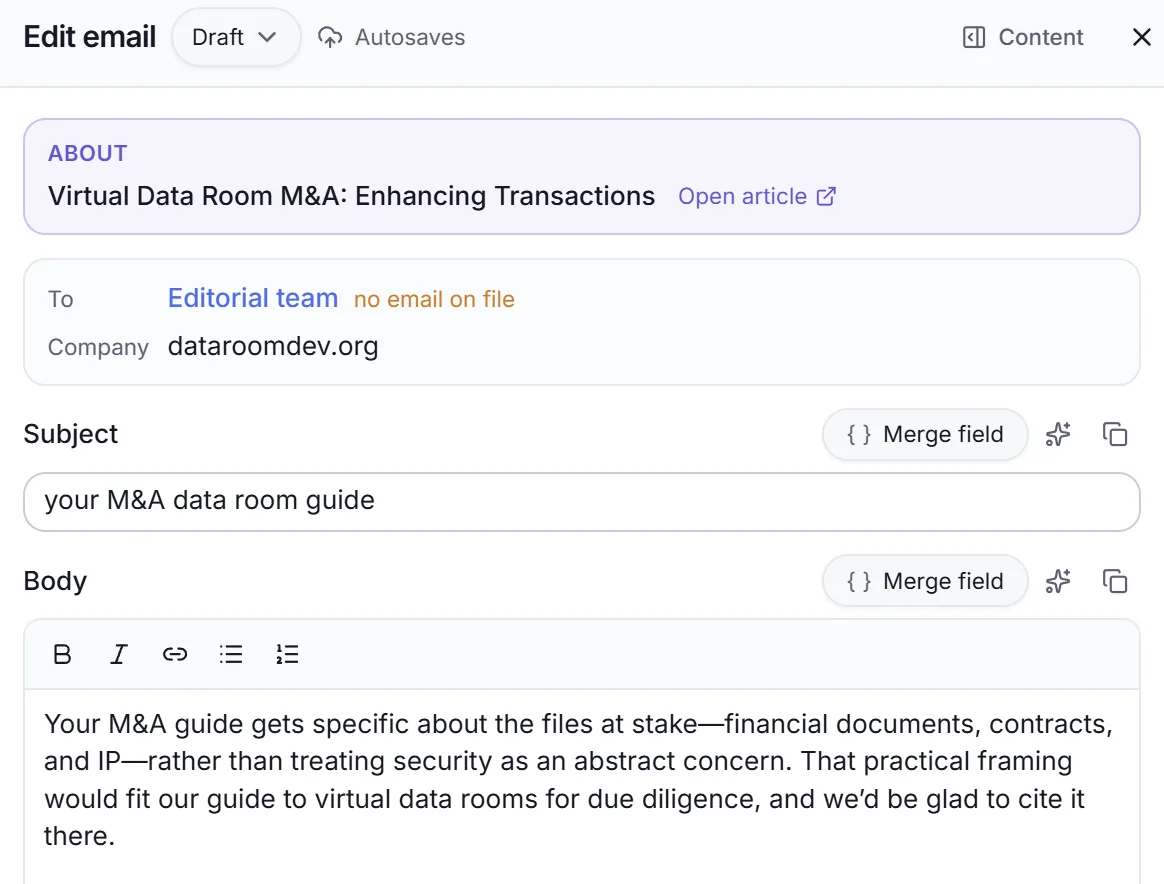 Sightivo email editor: a drafted outreach email with recipient, subject and body, shown beside the full article it references and the note that the recipient is the confirmed author