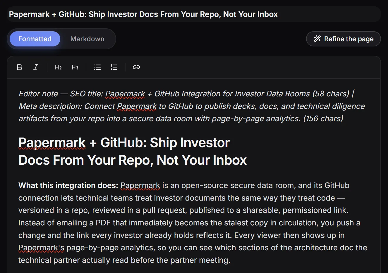 Sightivo page drafter: a full article with SEO title and meta description in the editor, beside a panel explaining why each section is there and what it is written to earn