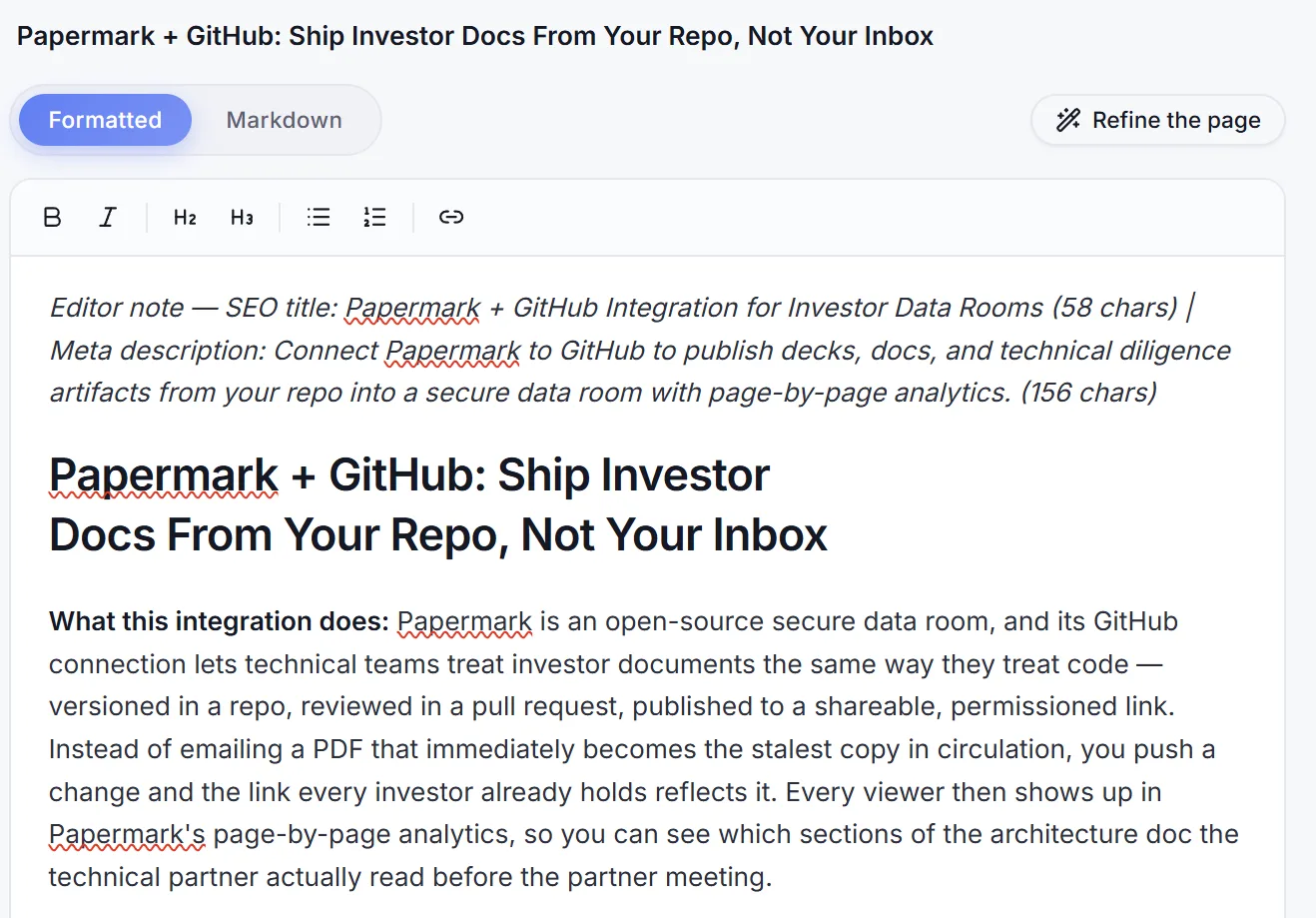 Sightivo page drafter: a full article with SEO title and meta description in the editor, beside a panel explaining why each section is there and what it is written to earn
