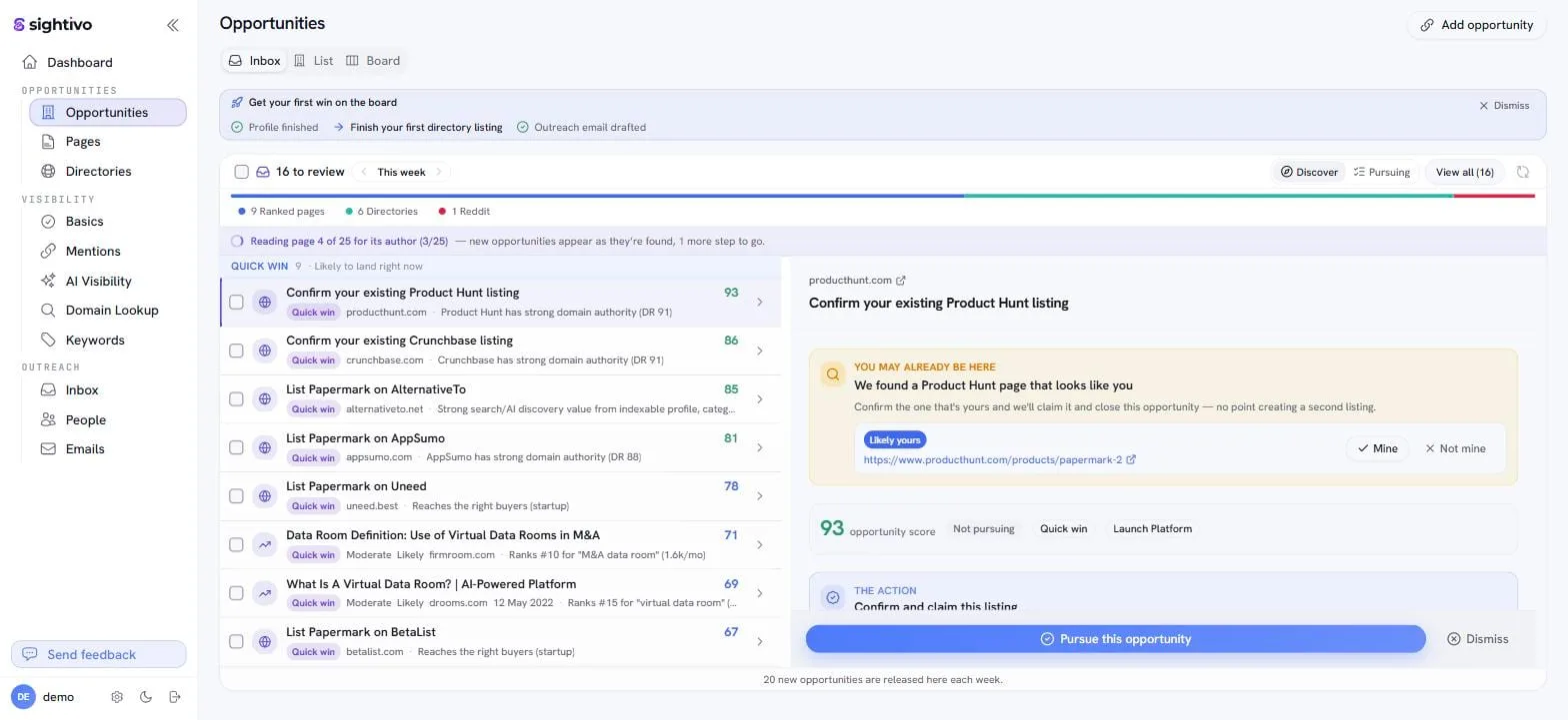 Sightivo's opportunity inbox: scored placements including directory listings, comparison listicles and ranked pages, each with the action to take