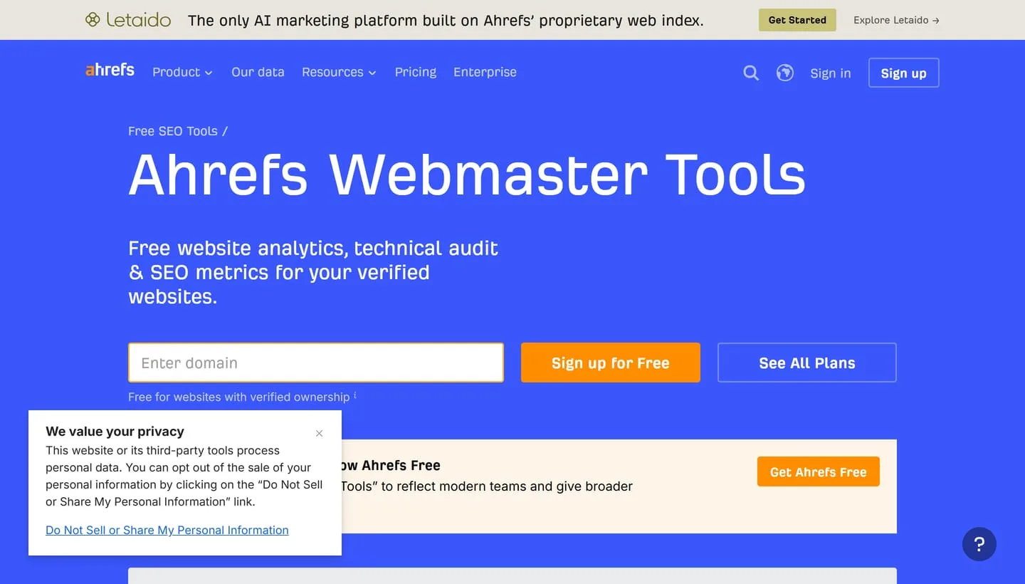 The Ahrefs Webmaster Tools page