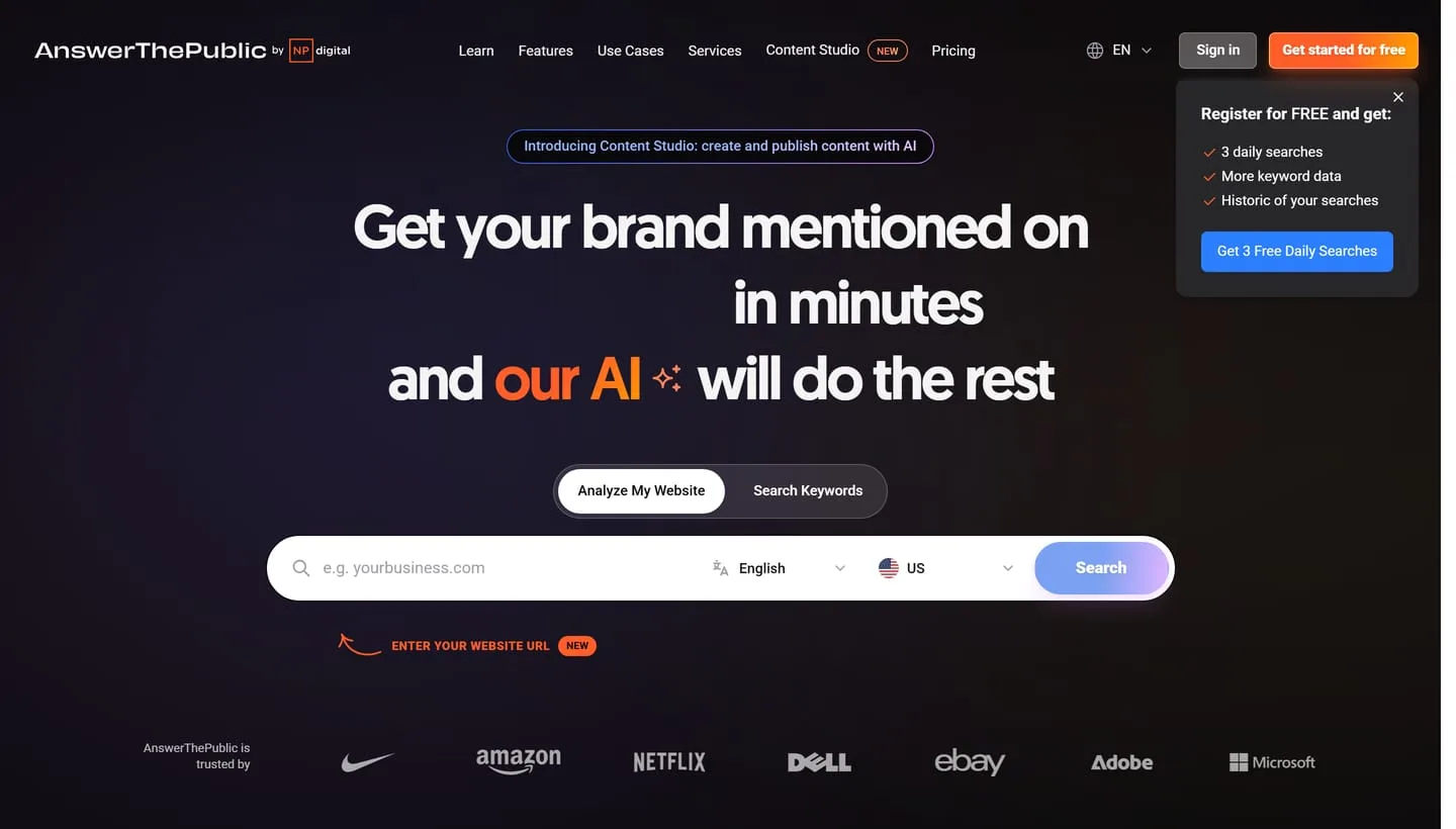 The AnswerThePublic homepage