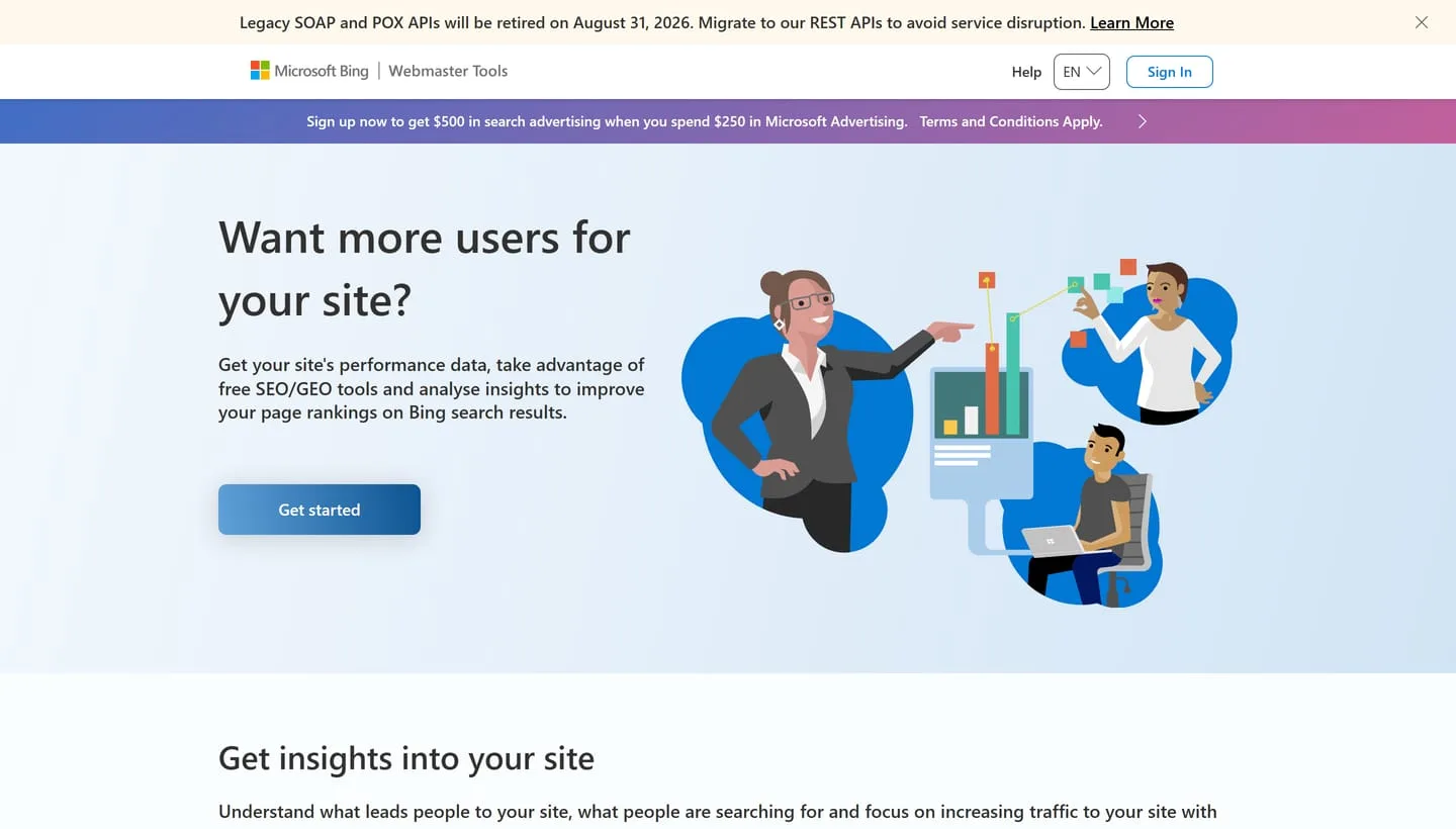 The Bing Webmaster Tools page