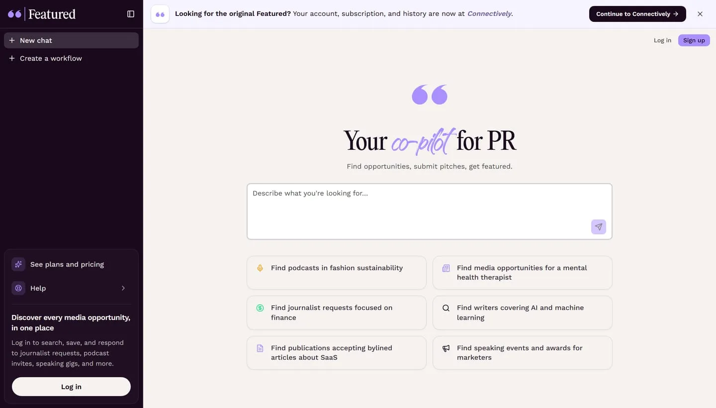 The Featured homepage, a journalist request service