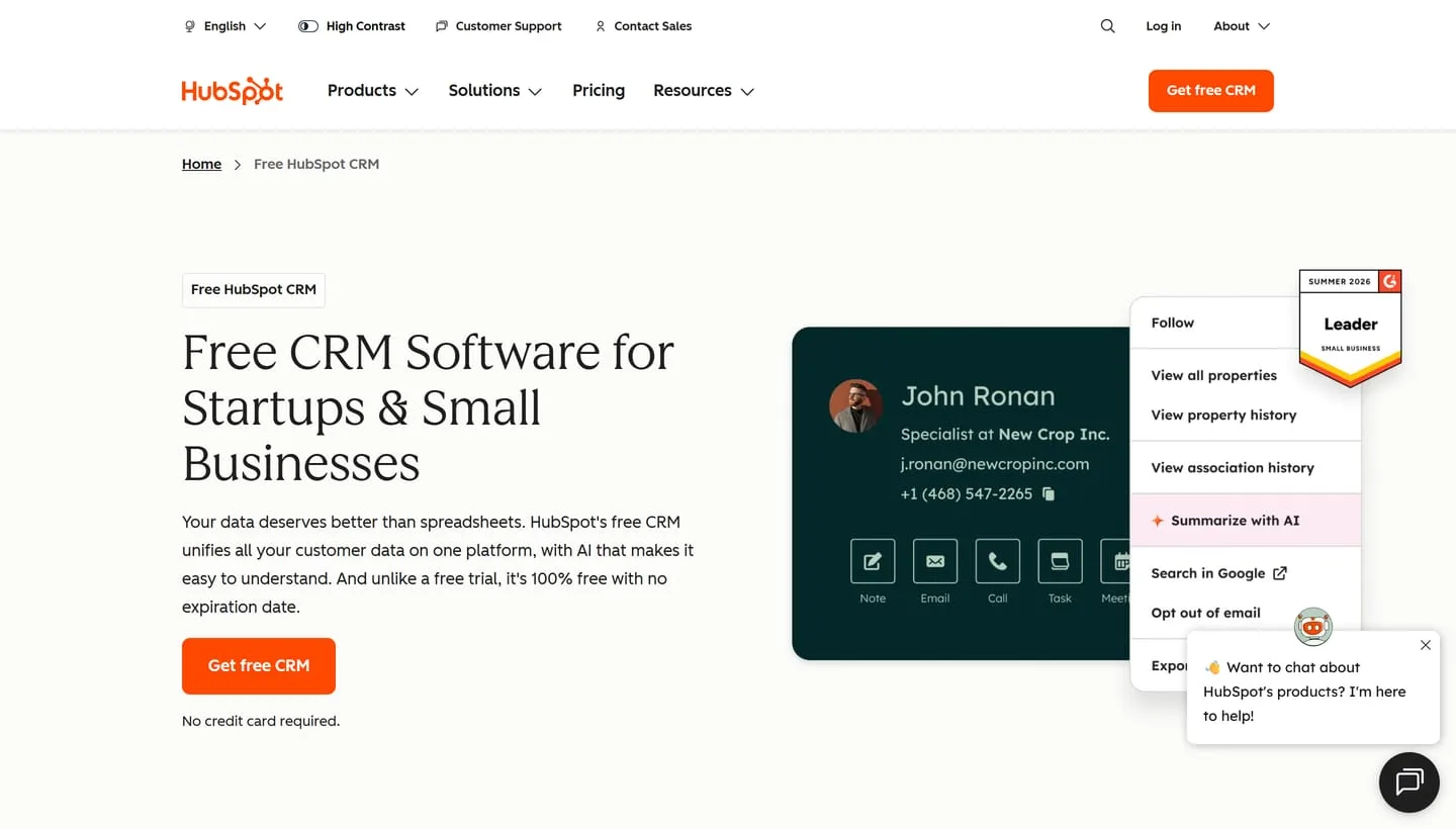 The HubSpot CRM product page