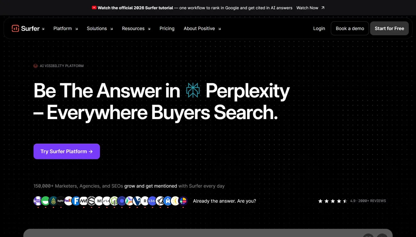 The Surfer SEO homepage