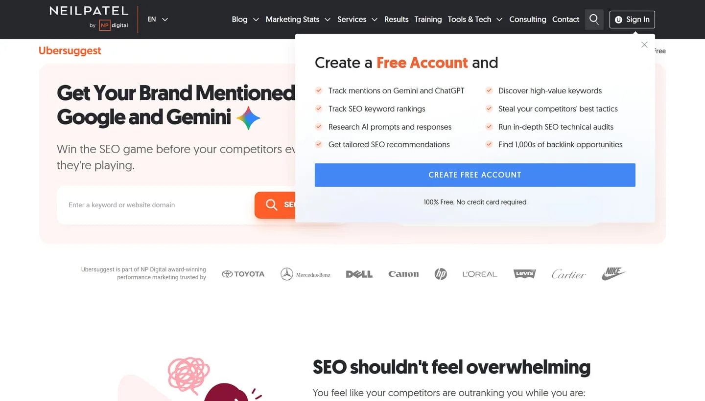 The Ubersuggest homepage