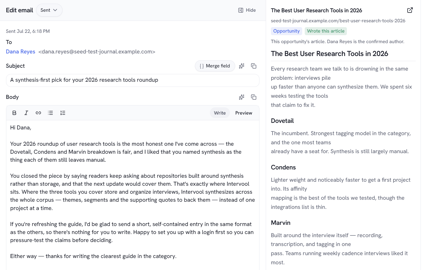 Sightivo email editor showing a personalized outreach draft next to the article it references, with merge field and AI assist controls