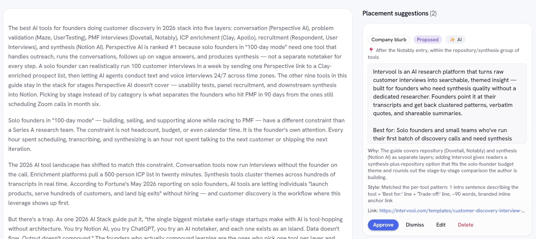 Sightivo placement suggestion panel next to an article, showing a proposed company blurb, the position on the page, and Approve, Dismiss, Edit and Delete actions